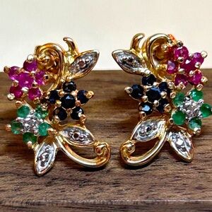 STERLING CREATIONS Vintage Gold Plated Sterling Silver Gemstone Bouquet Earrings